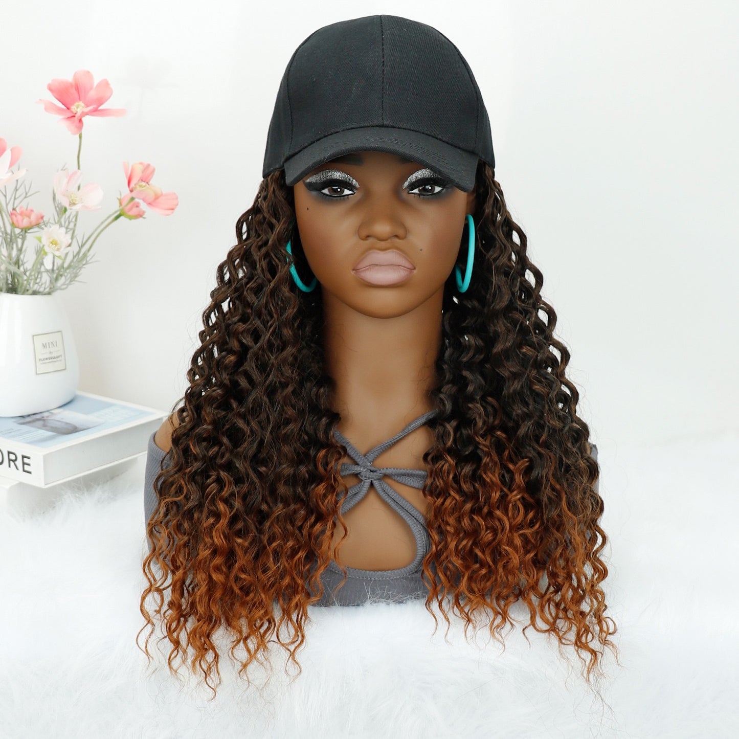 Long Baseball Cap with Curly Hair Attached 18inch Hat Wig for Women