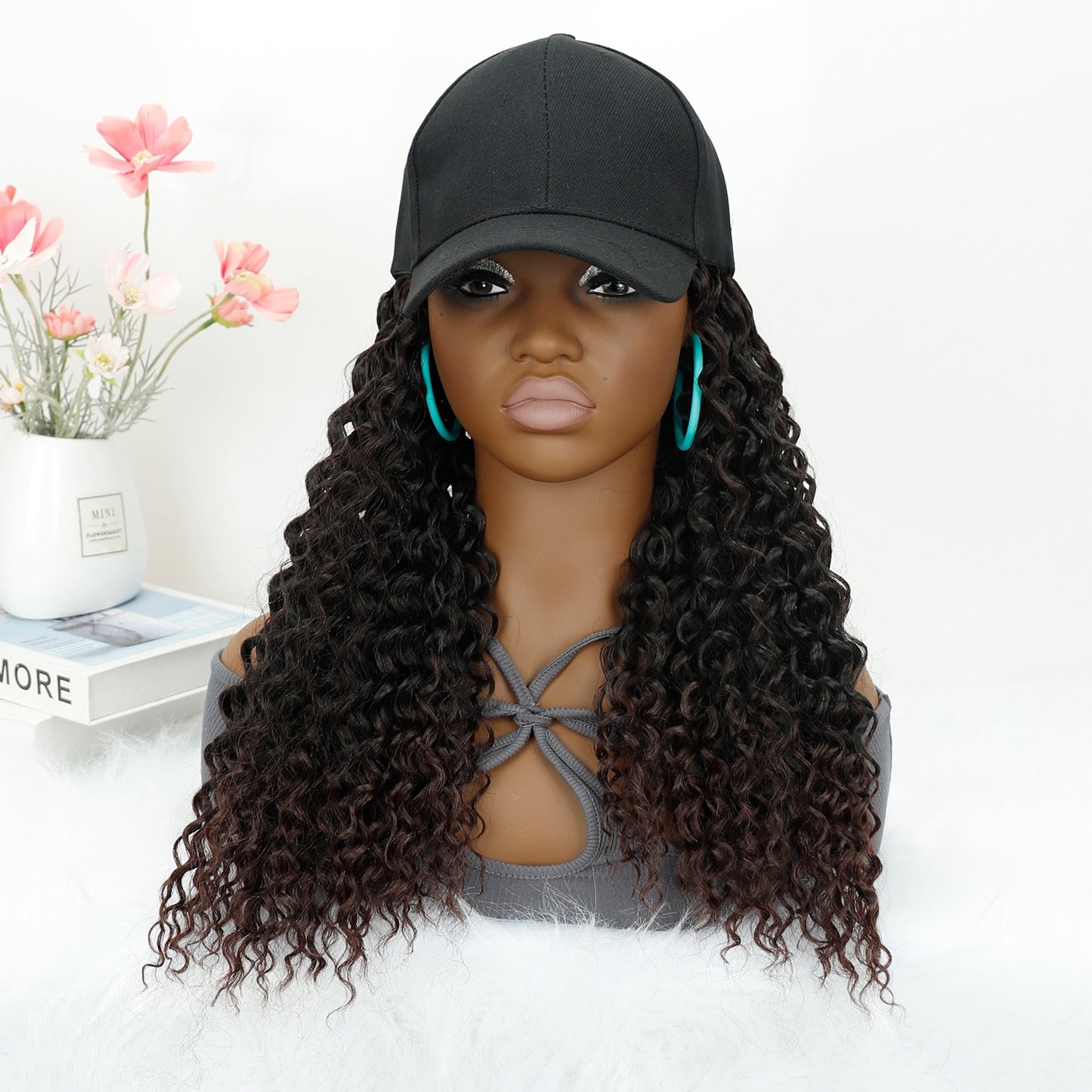 Long Baseball Cap with Curly Hair Attached 18inch Hat Wig for Women