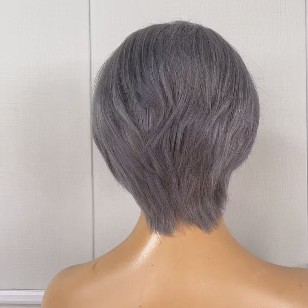 Grey Pixie Cut Lace Wig Lace Frontal Straight Brazilian Hair for African American