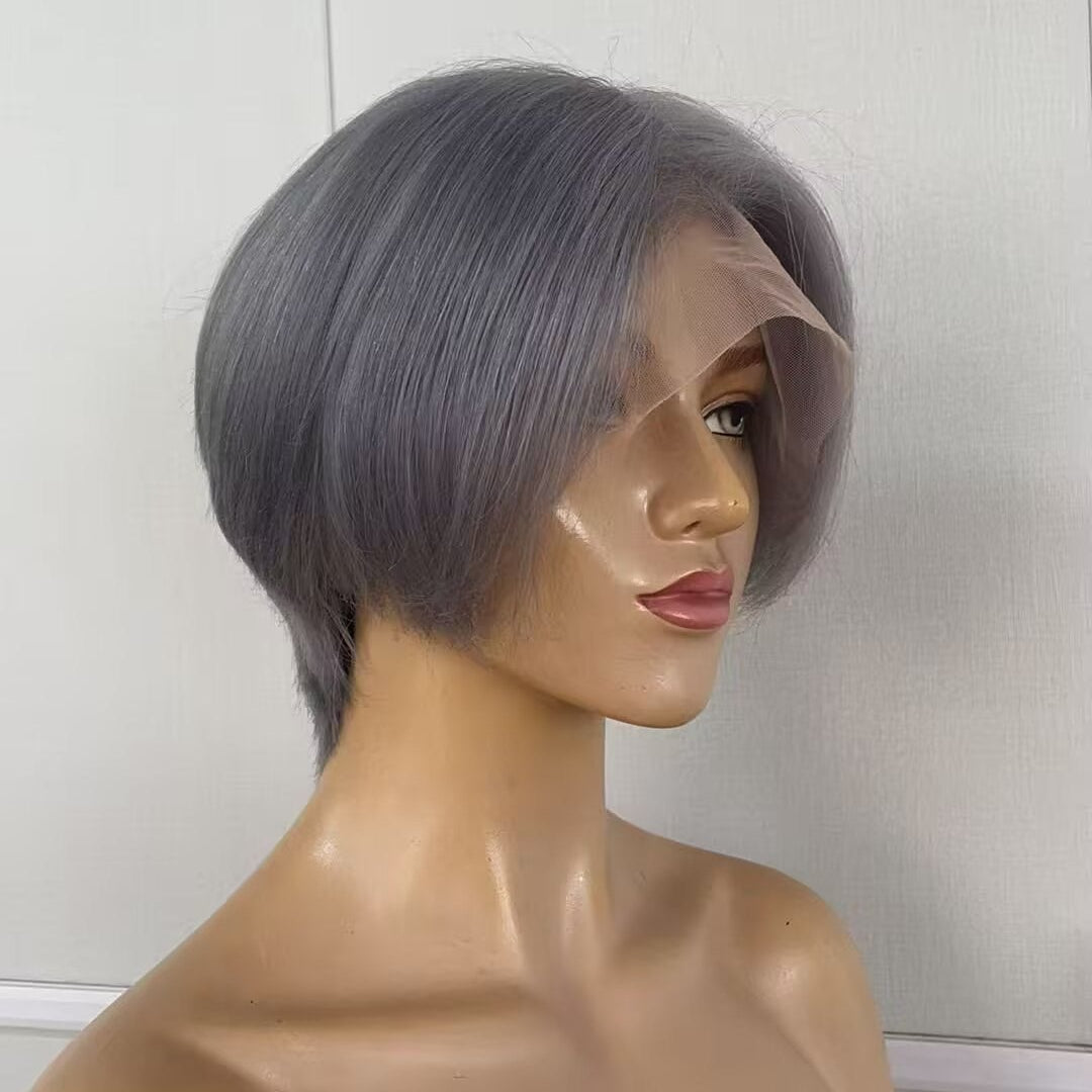 Grey Pixie Cut Lace Wig Lace Frontal Straight Brazilian Hair for African American