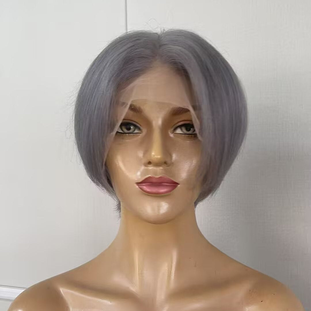 Grey Pixie Cut Lace Wig Lace Frontal Straight Brazilian Hair for African American