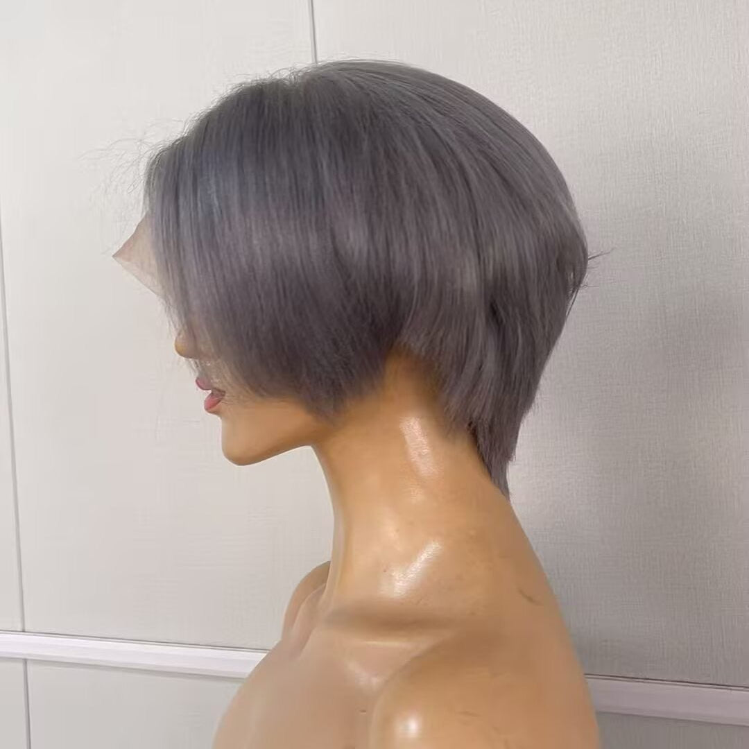 Grey Pixie Cut Lace Wig Lace Frontal Straight Brazilian Hair for African American