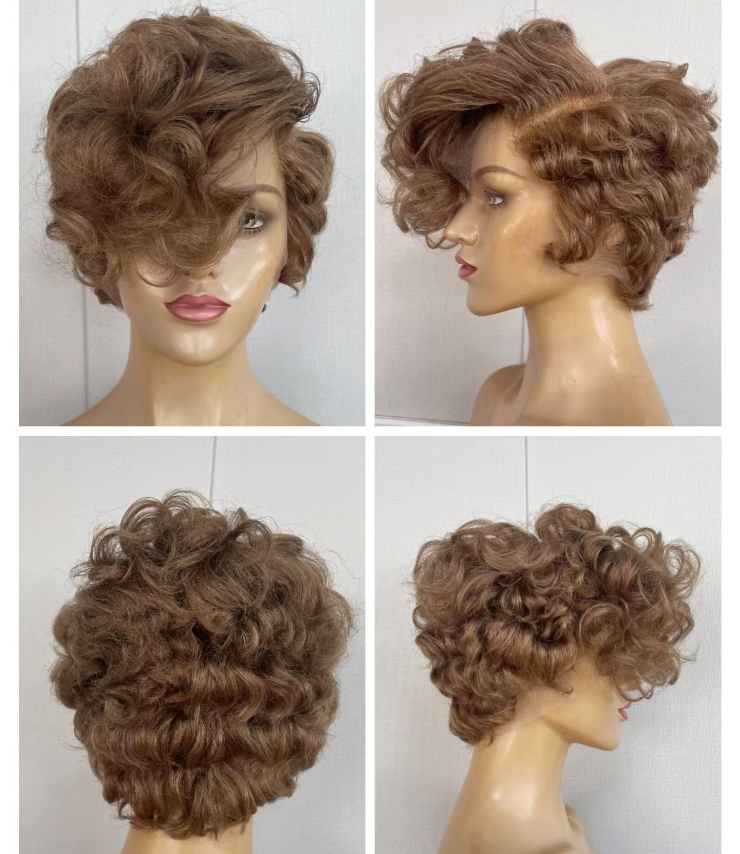 Light Brown Pixie Cut Human Hair Deep Wave Wig Lace frontal