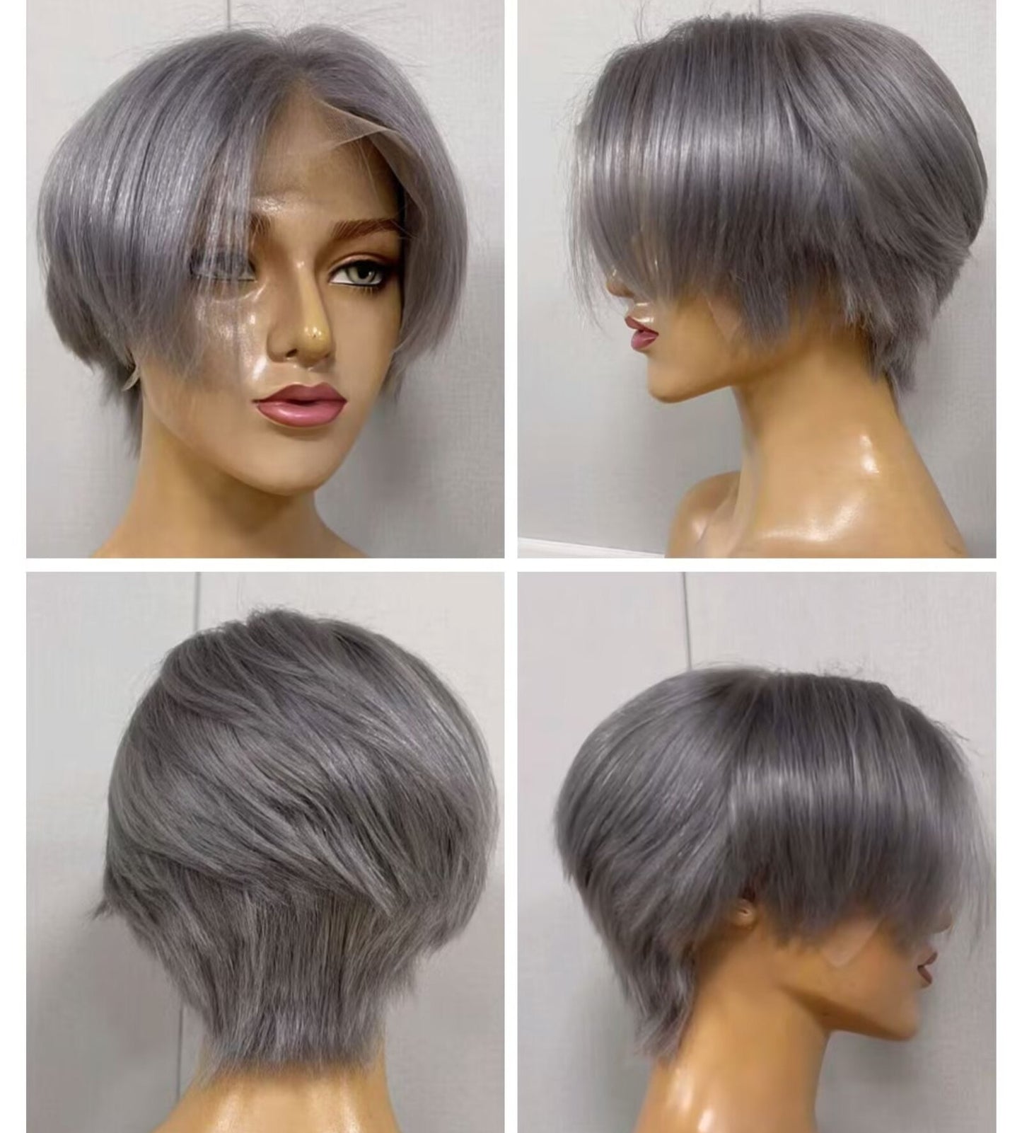 Grey Straight Pixie Cut Lace Wig Lace Frontal Human Hair for African American