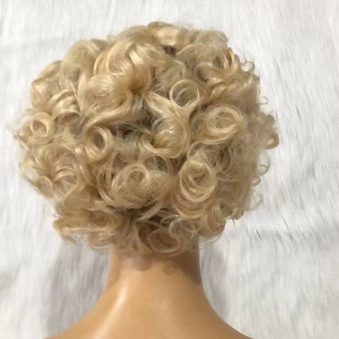 Ombre Blonde Pixie Cut Curly Wig Human Hair Lace Frontal for African American