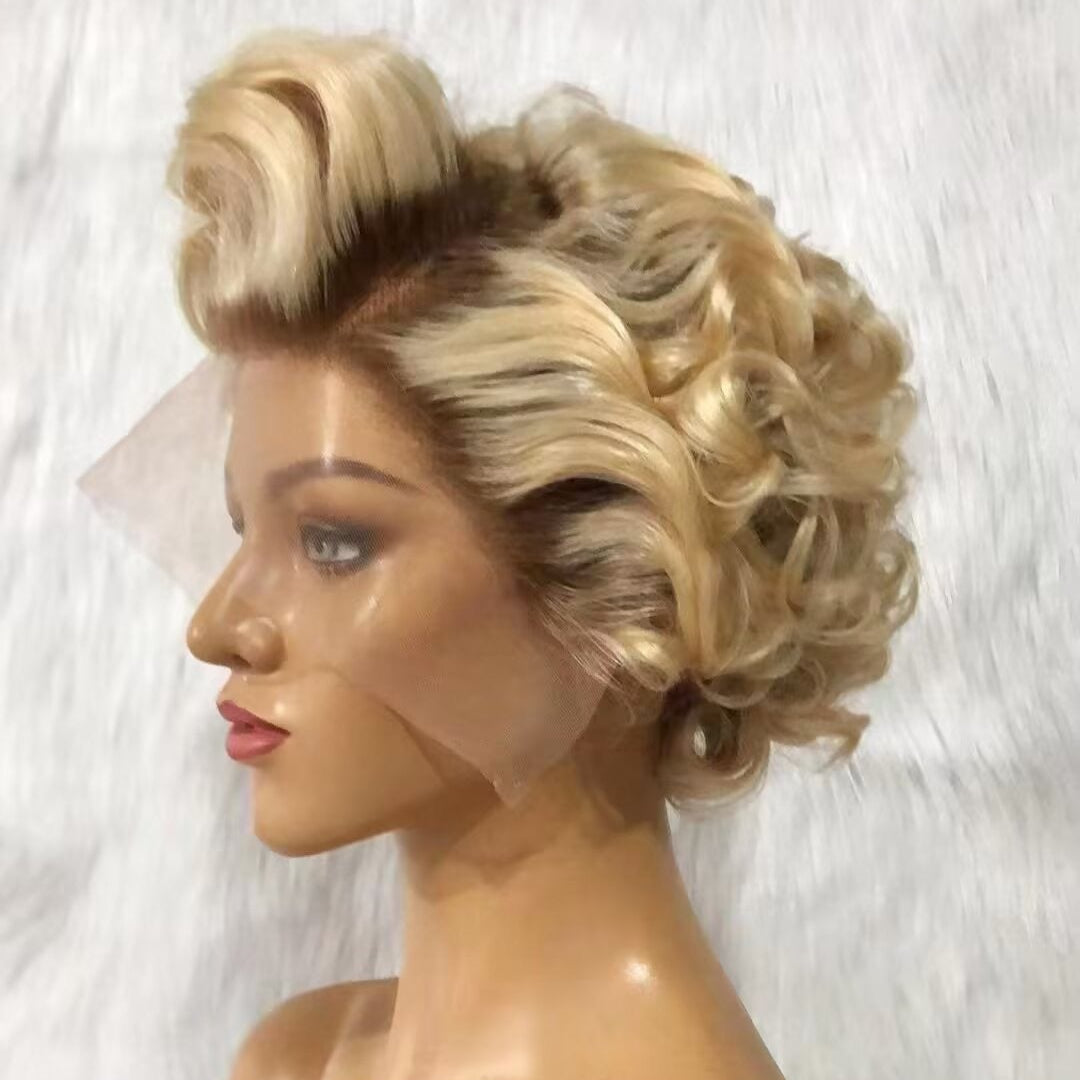 Ombre Blonde Pixie Cut Curly Wig Human Hair Lace Frontal for African American