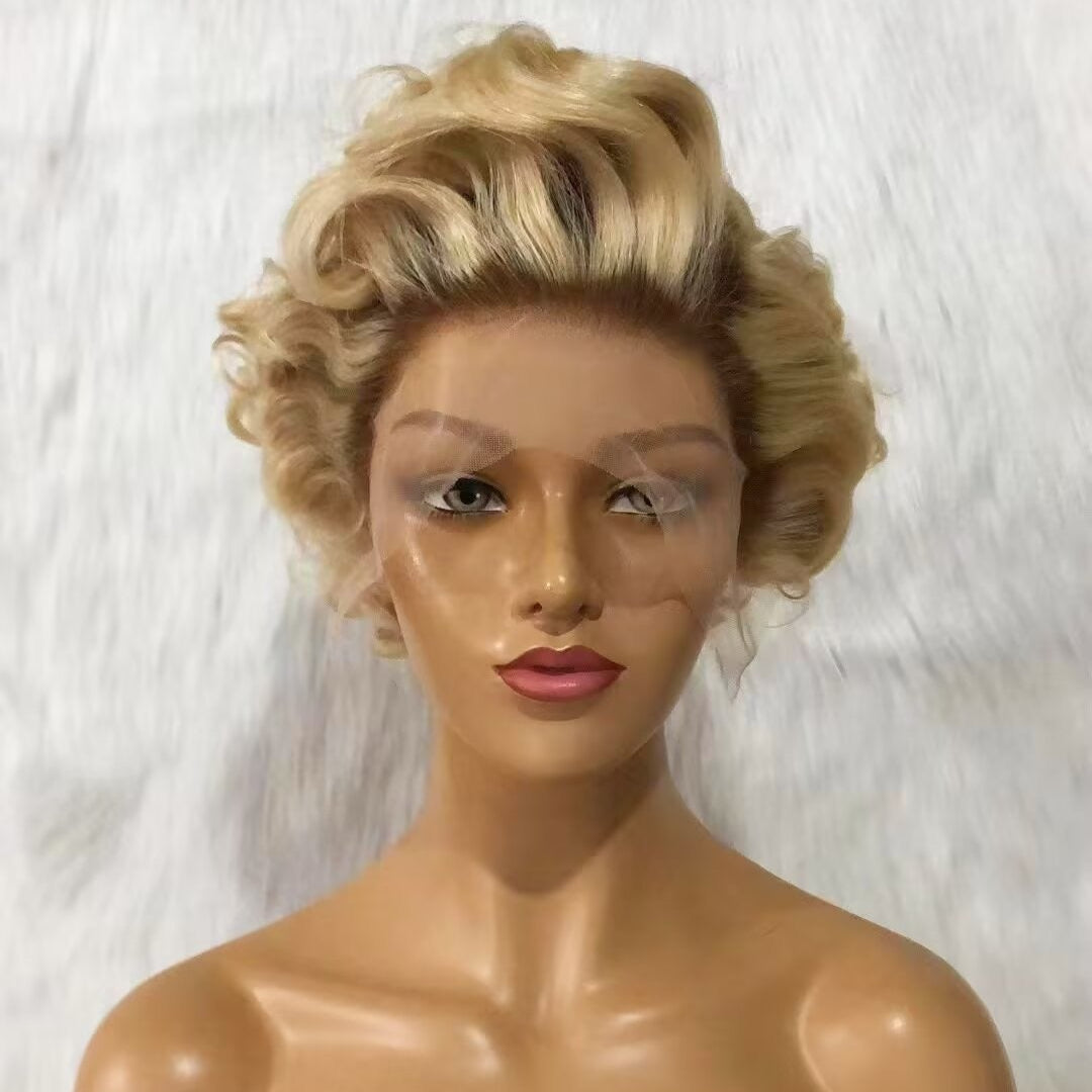 Ombre Blonde Pixie Cut Curly Wig Human Hair Lace Frontal for African American
