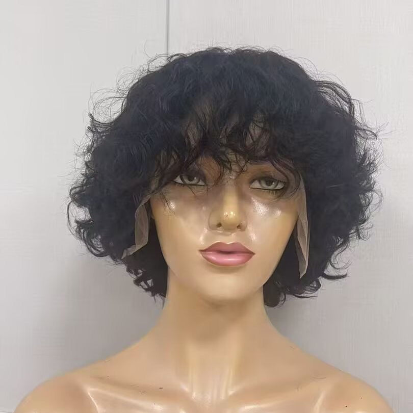 Black Human Hair Pixie Cut Wig Natural Wave Lace Frontal 13x4 for African American
