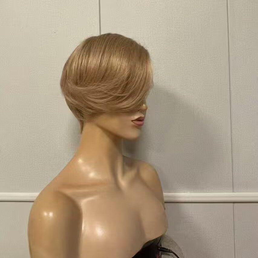 Light Brown Pixie Cut Human Hair Straight Wig Lace frontal for African American