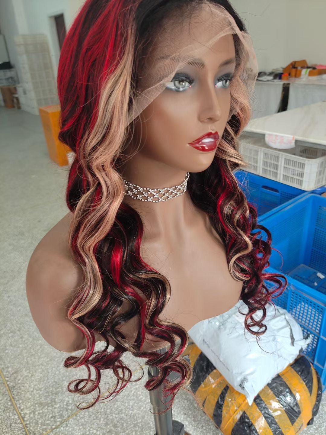 Red Highlight Loose Wave Glueless Lace Wig Human Hair for African American