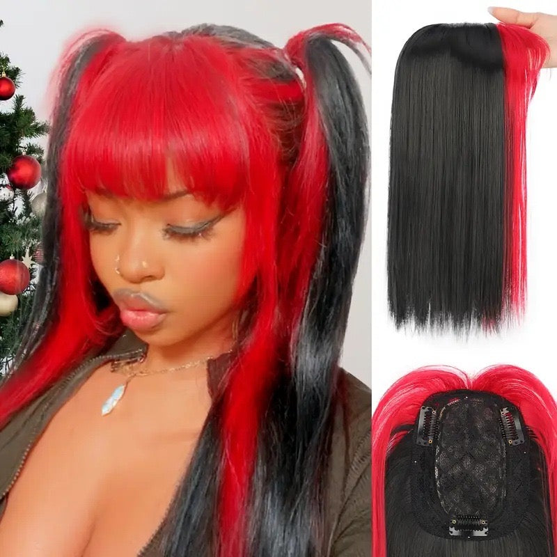 Ombre  red Hair Topper with Bangs Clip in Hairpiece for women Halloween Cosplay Theme Party Dating