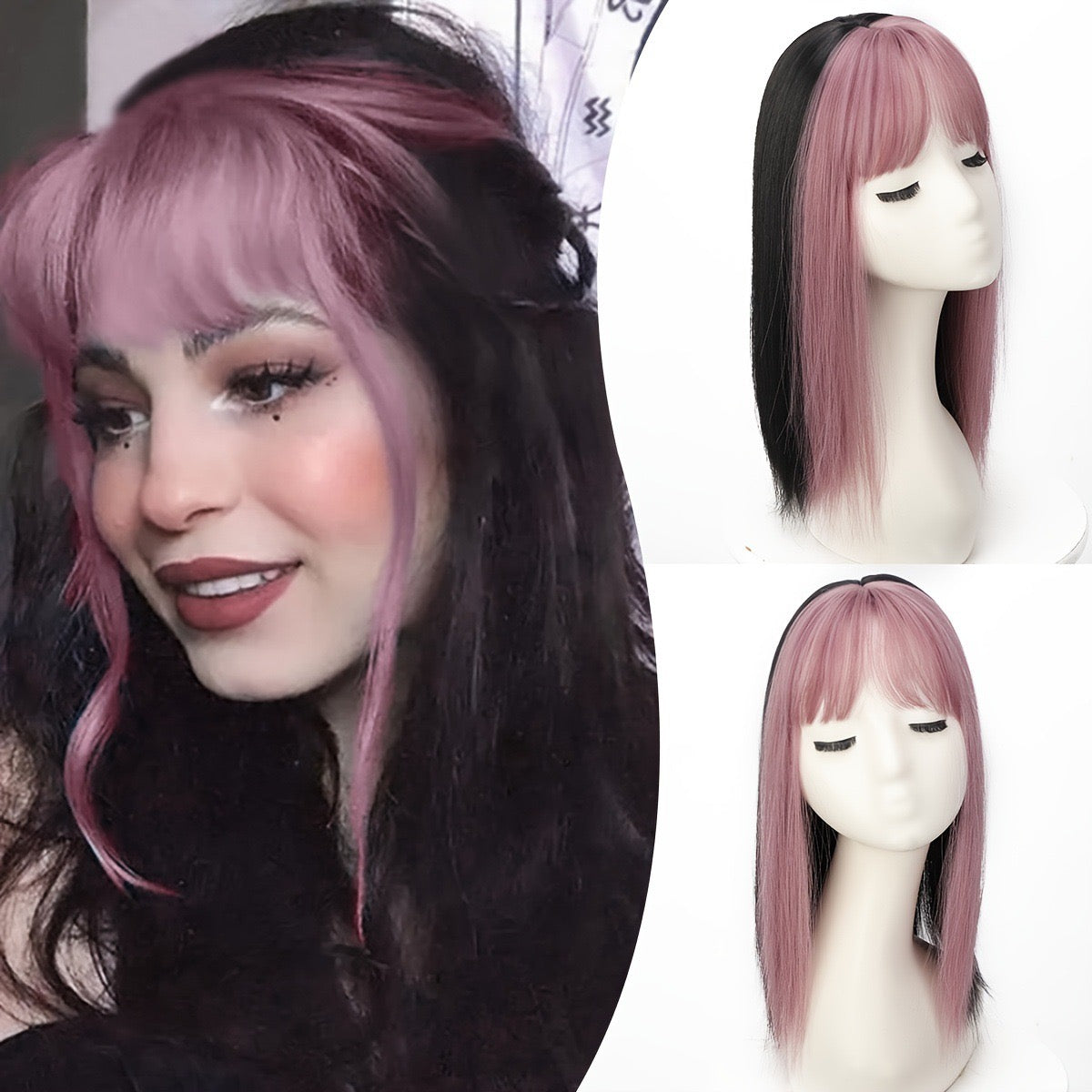 Ombre pink Hair Topper with Bangs Clip in Hairpiece for women Halloween Cosplay Theme Party Dating
