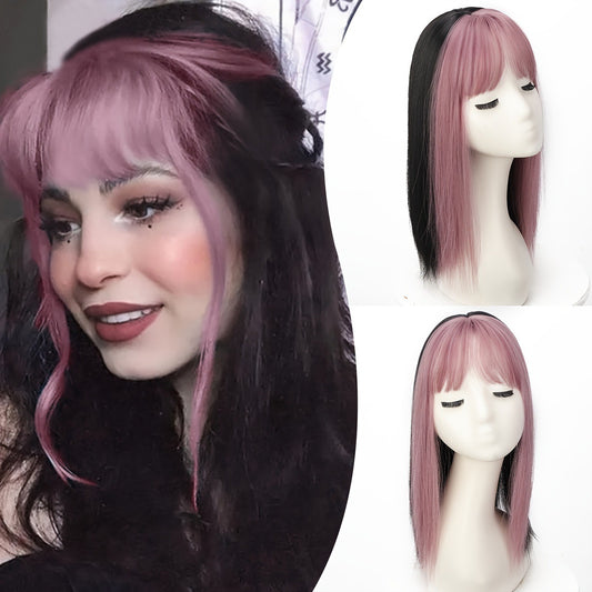 Ombre  pink  Hair Topper with Bangs Clip in Hairpiece for women Halloween Cosplay Theme Party Dating