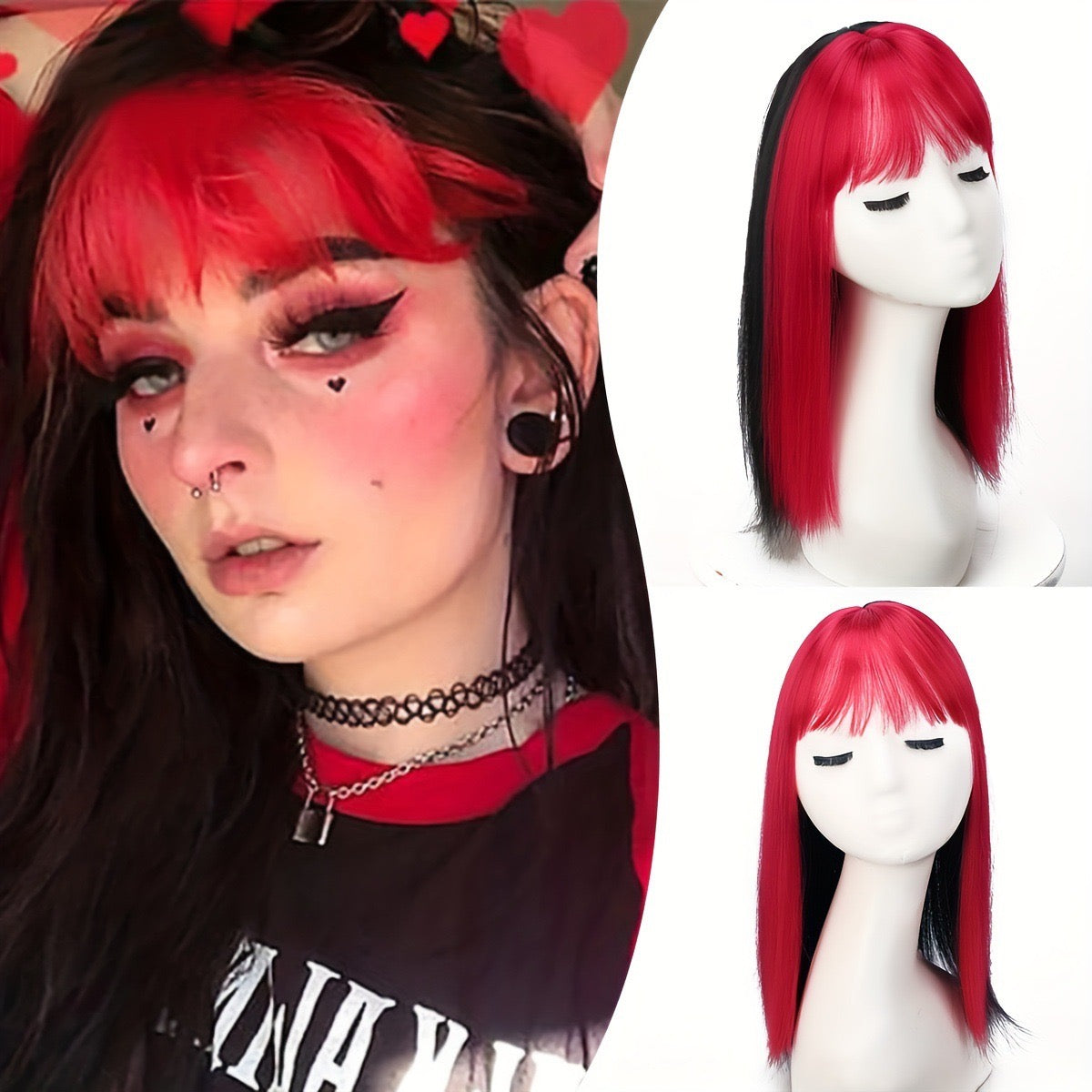 Ombre red Hair Topper with Bangs Clip in Hairpiece for women Halloween Cosplay Theme Party Dating