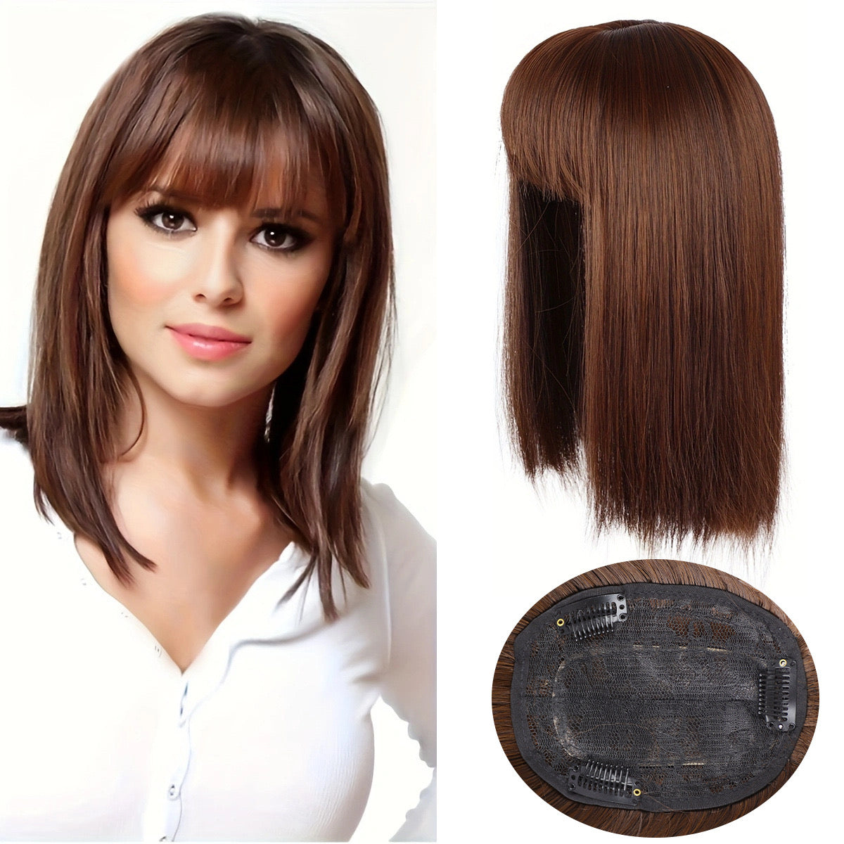 brown Hair Topper with Bangs Clip in Hairpiece for women Halloween Cosplay Theme Party Dating
