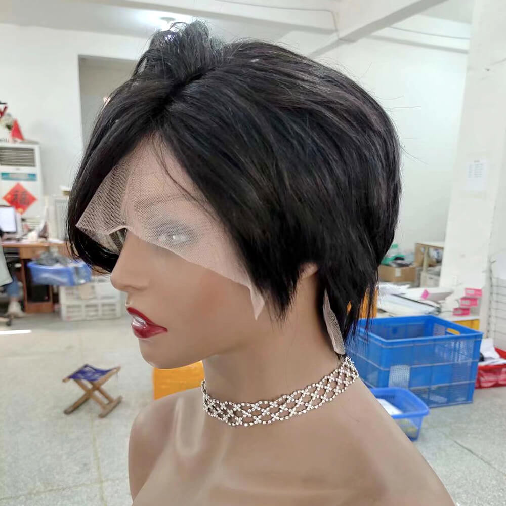 Straight Pixie Cut Wig with Long Bangs Human Hair Lace Frontal for African American-1