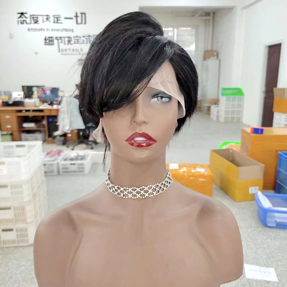 Straight Pixie Cut Wig with Long Bangs Human Hair Lace Frontal for African American-3