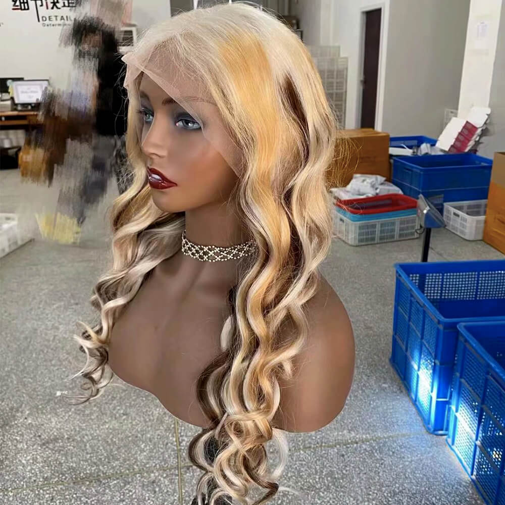 Blonde Loose Wave Wig with Brown Highlight Human Hair Lace Frontal for African American-2