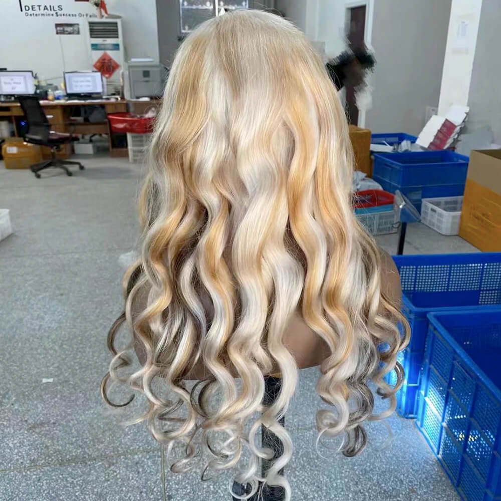 Blonde Loose Wave Wig with Brown Highlight Human Hair Lace Frontal for African American-3