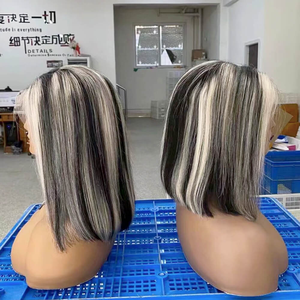 Grey Bob Wig with Blonde Highlight Brazilian Human Hair for African American-2