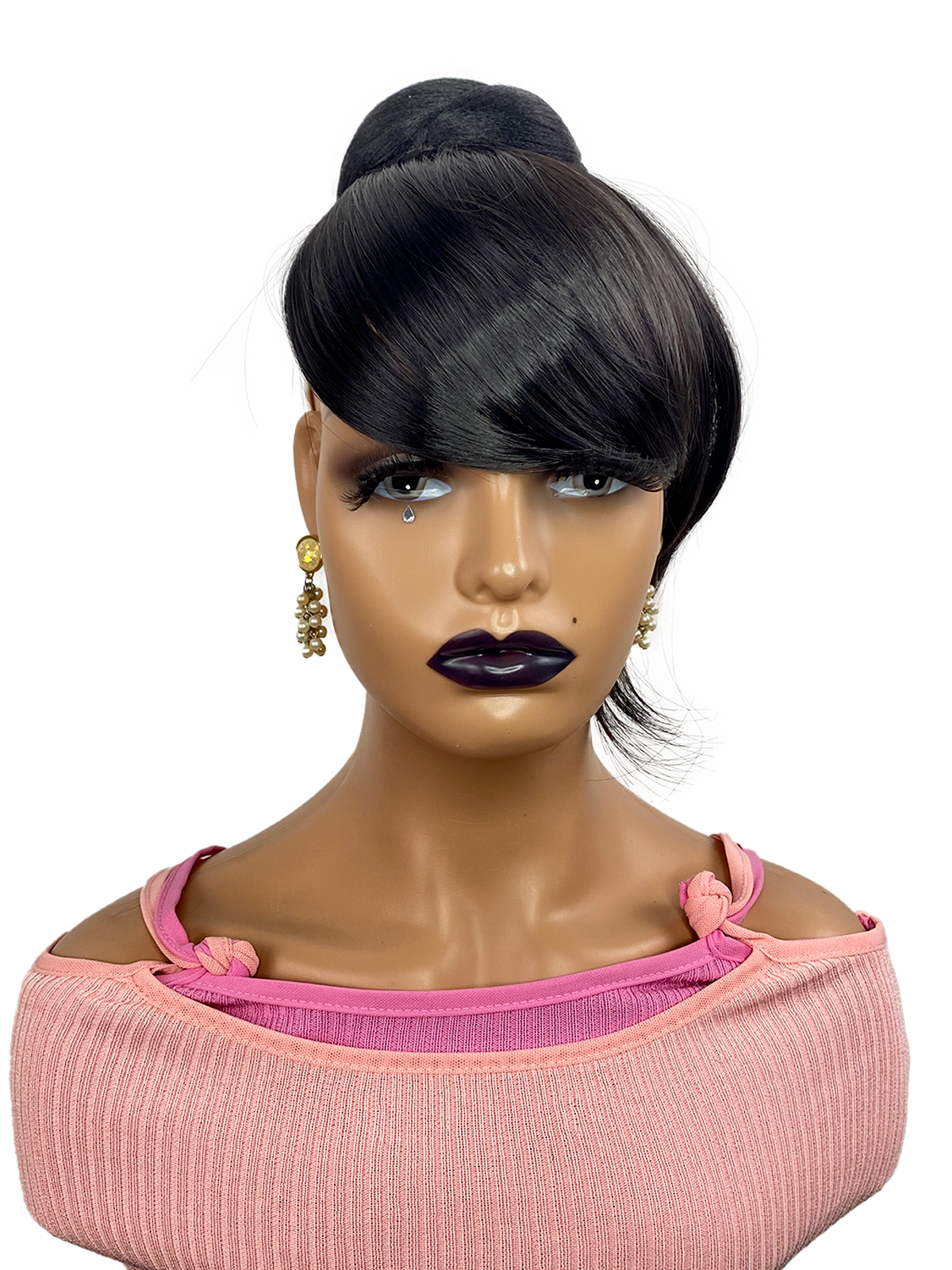 Bun with Bang Set 2pcs - Swoop Side Black Bangs with Twist Braided Bun