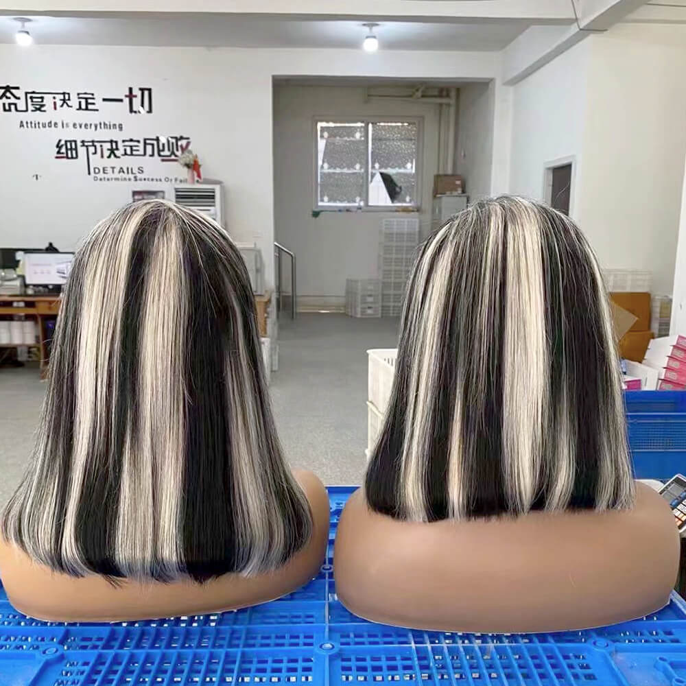 Grey Bob Wig with Blonde Highlight Brazilian Human Hair for African American-3