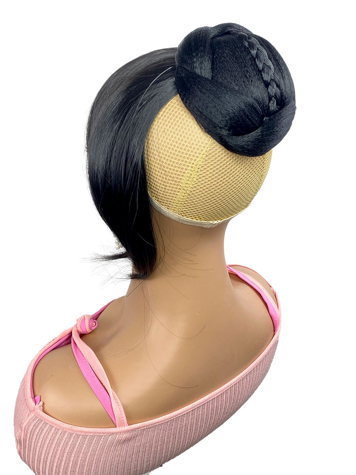 Bun with Bang Set 2pcs - Swoop Side Black Bangs with Twist Braided Bun