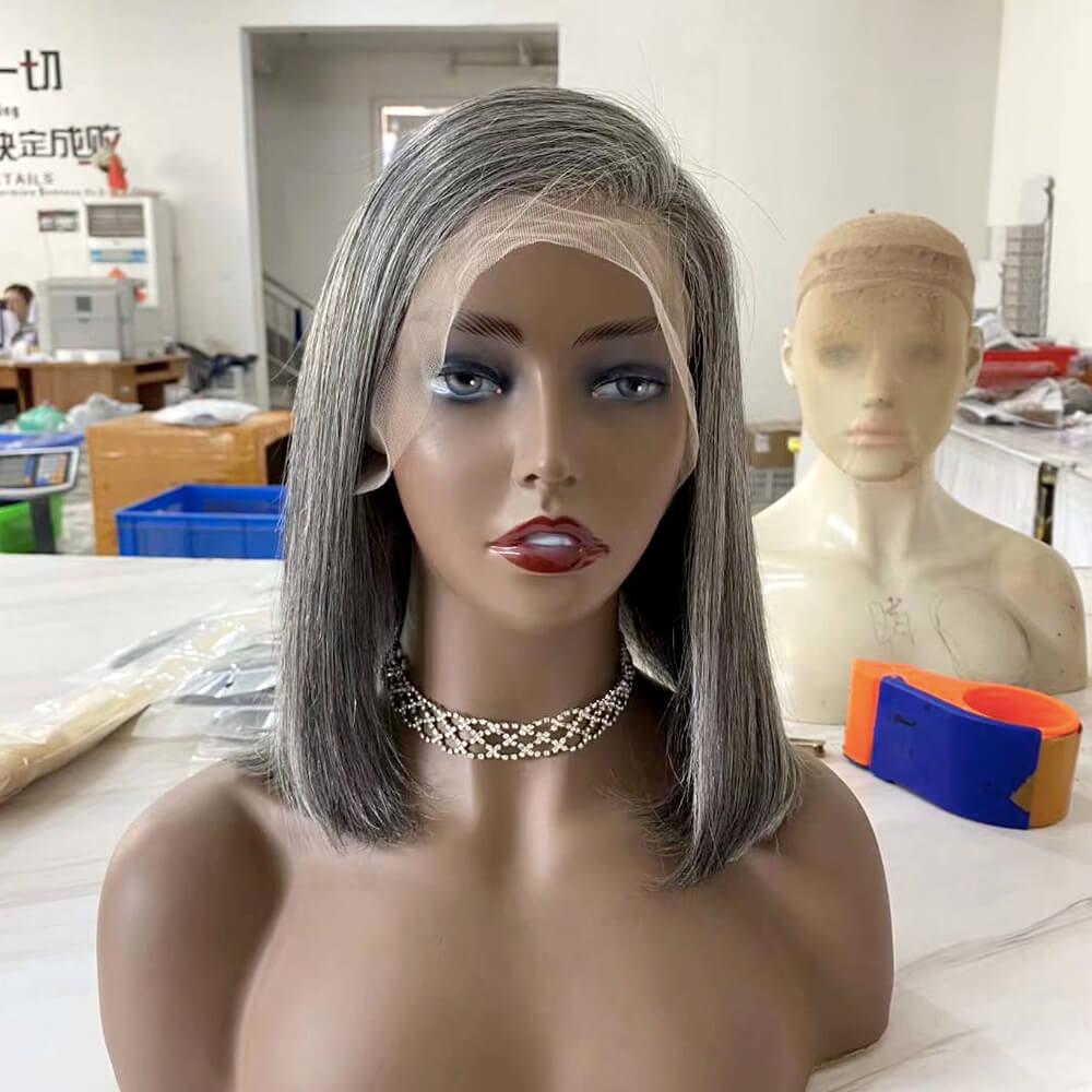 Grey Mix Color Human Hair Bob Wig Lace Frontal for African American-1