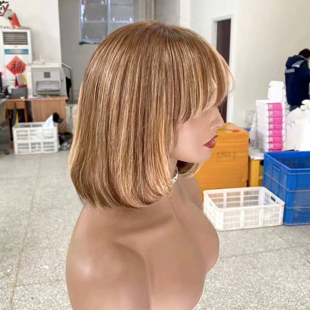 Short Brown Highlight Bob Wig with Bangs Human Hair Lace Frontal for African American-3
