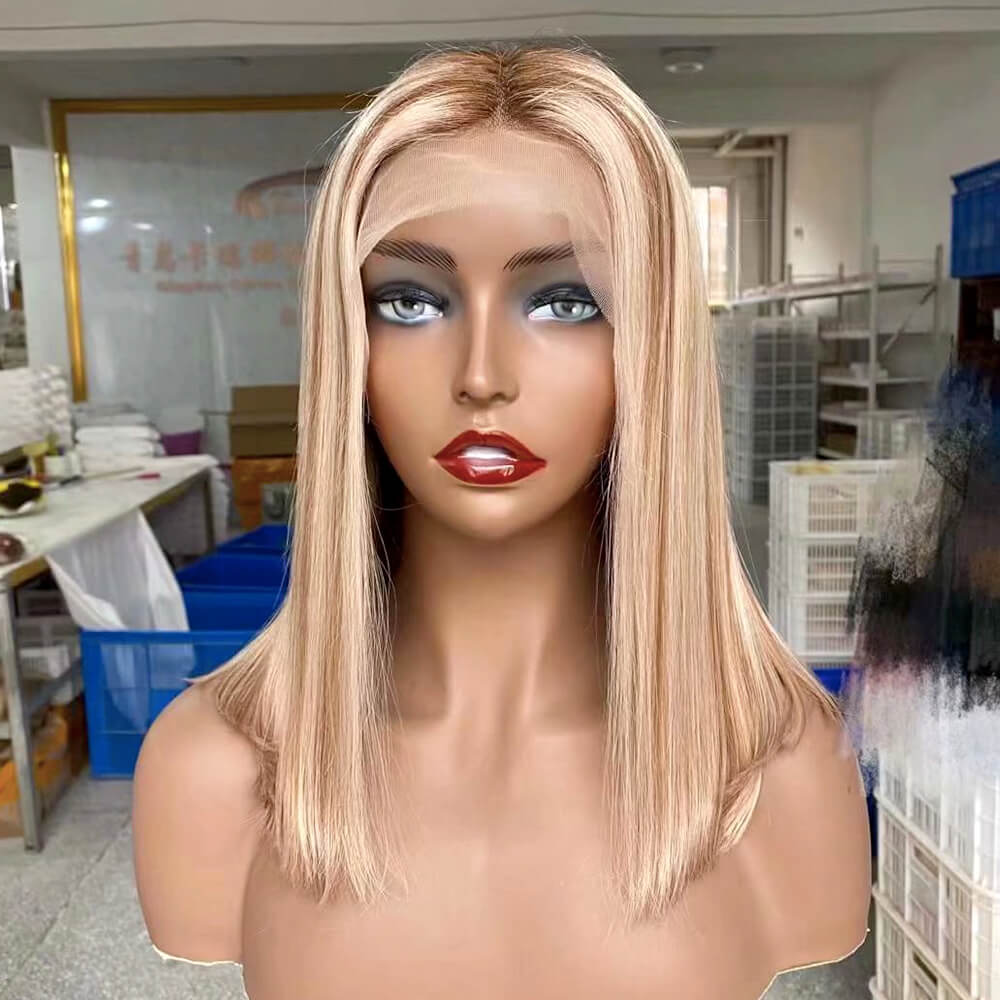 Blonde Bob Wig with Brown Highlight Human Hair Lace Frontal for African American-1
