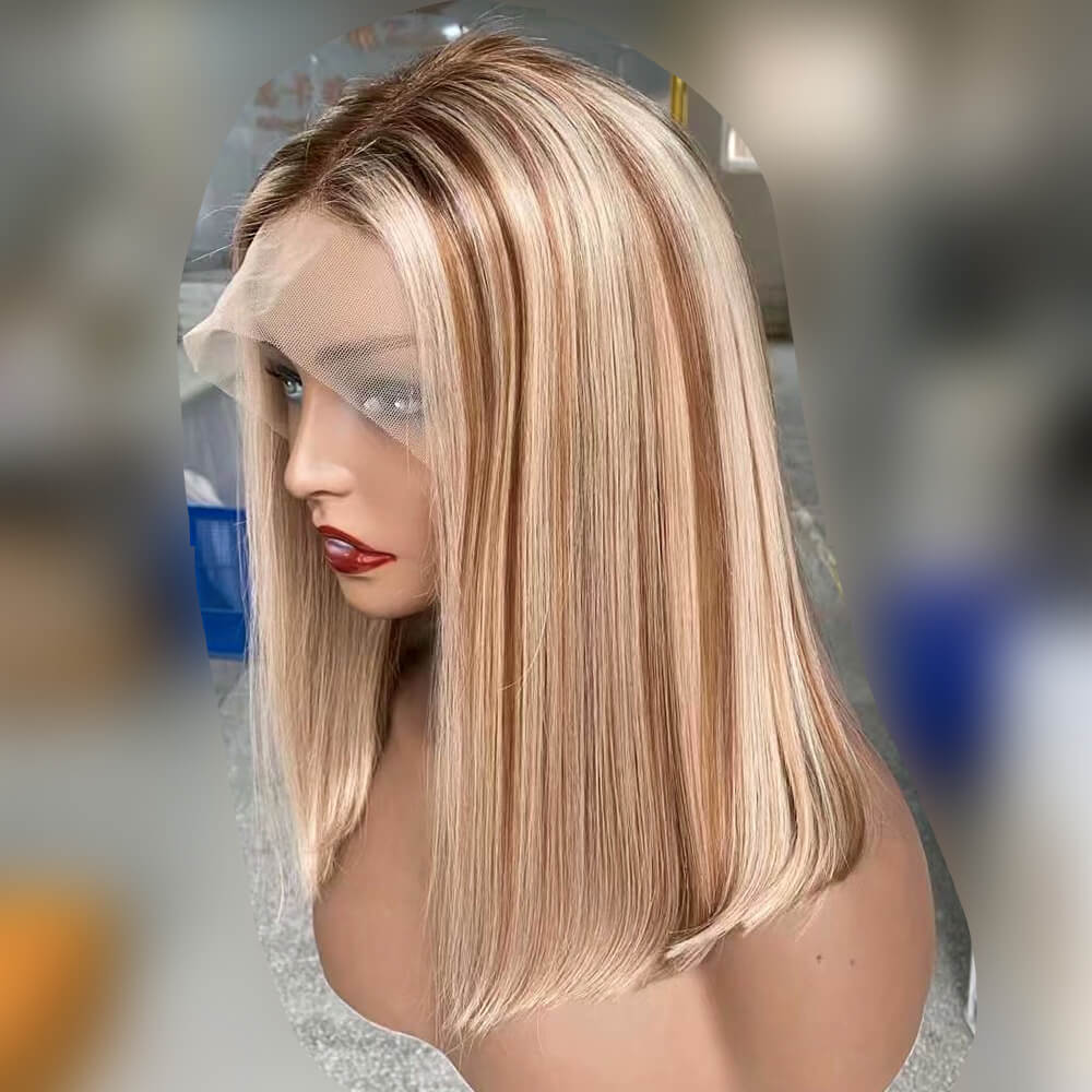 Blonde Bob Wig with Brown Highlight Human Hair Lace Frontal for African American-2