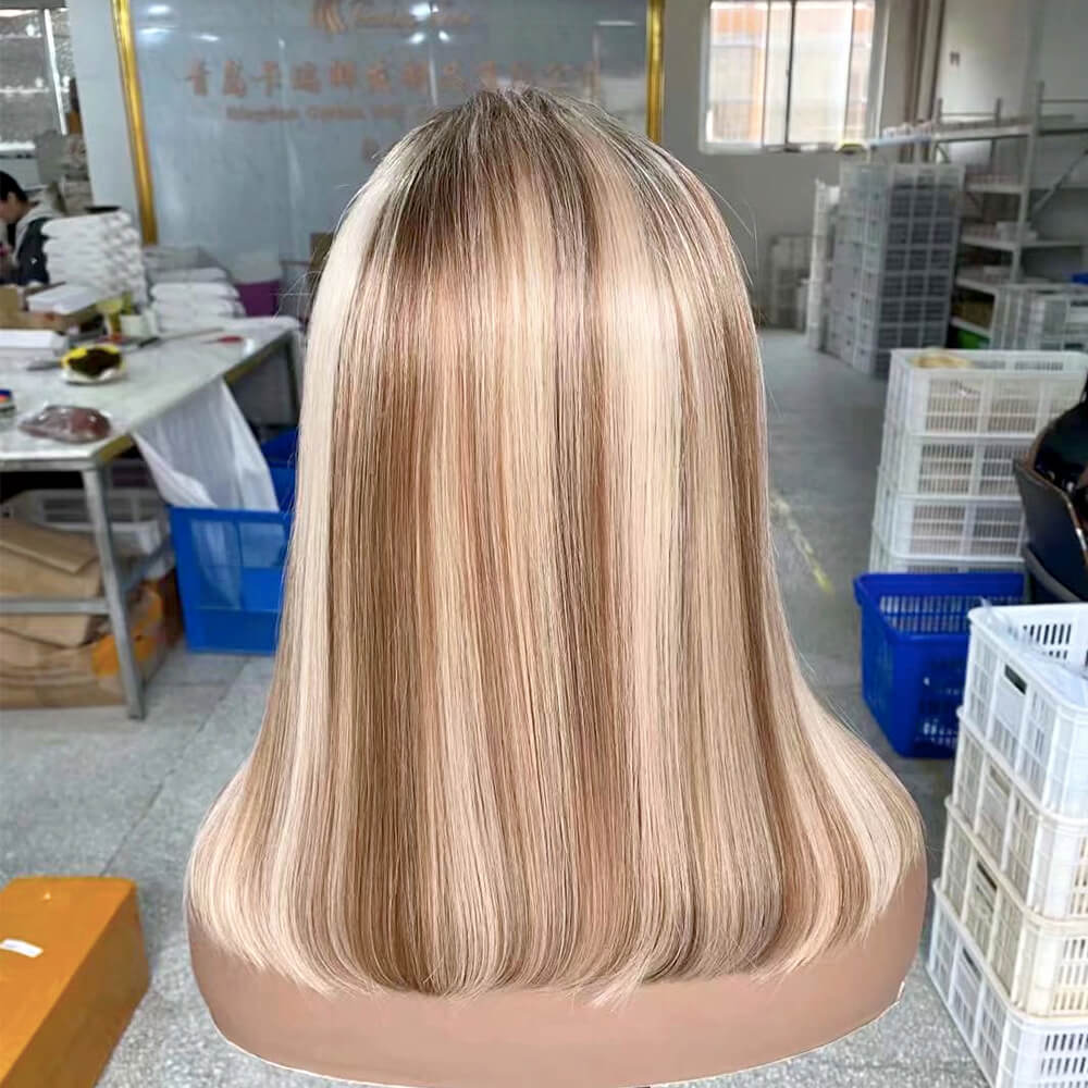 Blonde Bob Wig with Brown Highlight Human Hair Lace Frontal for African American-3