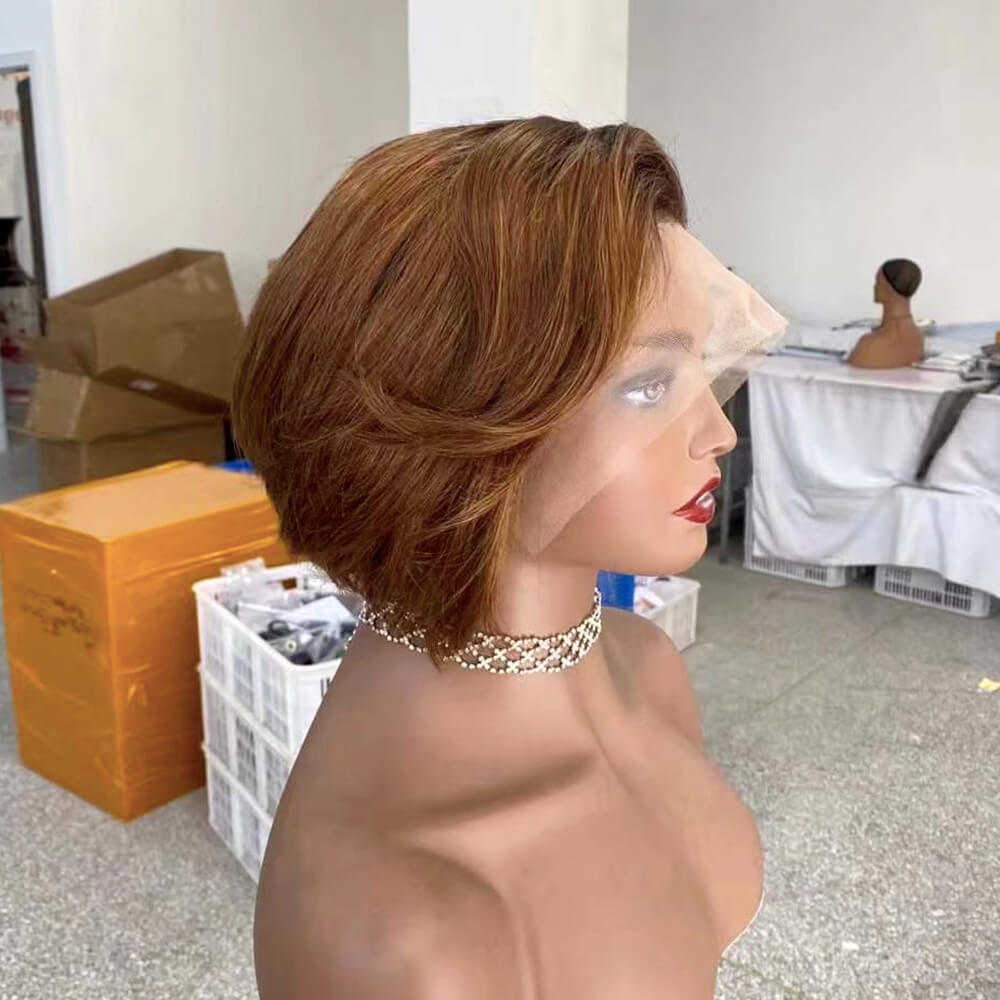 Brown Ombre Pixie Cut Wig with Side Bangs Human Hair for African American-3