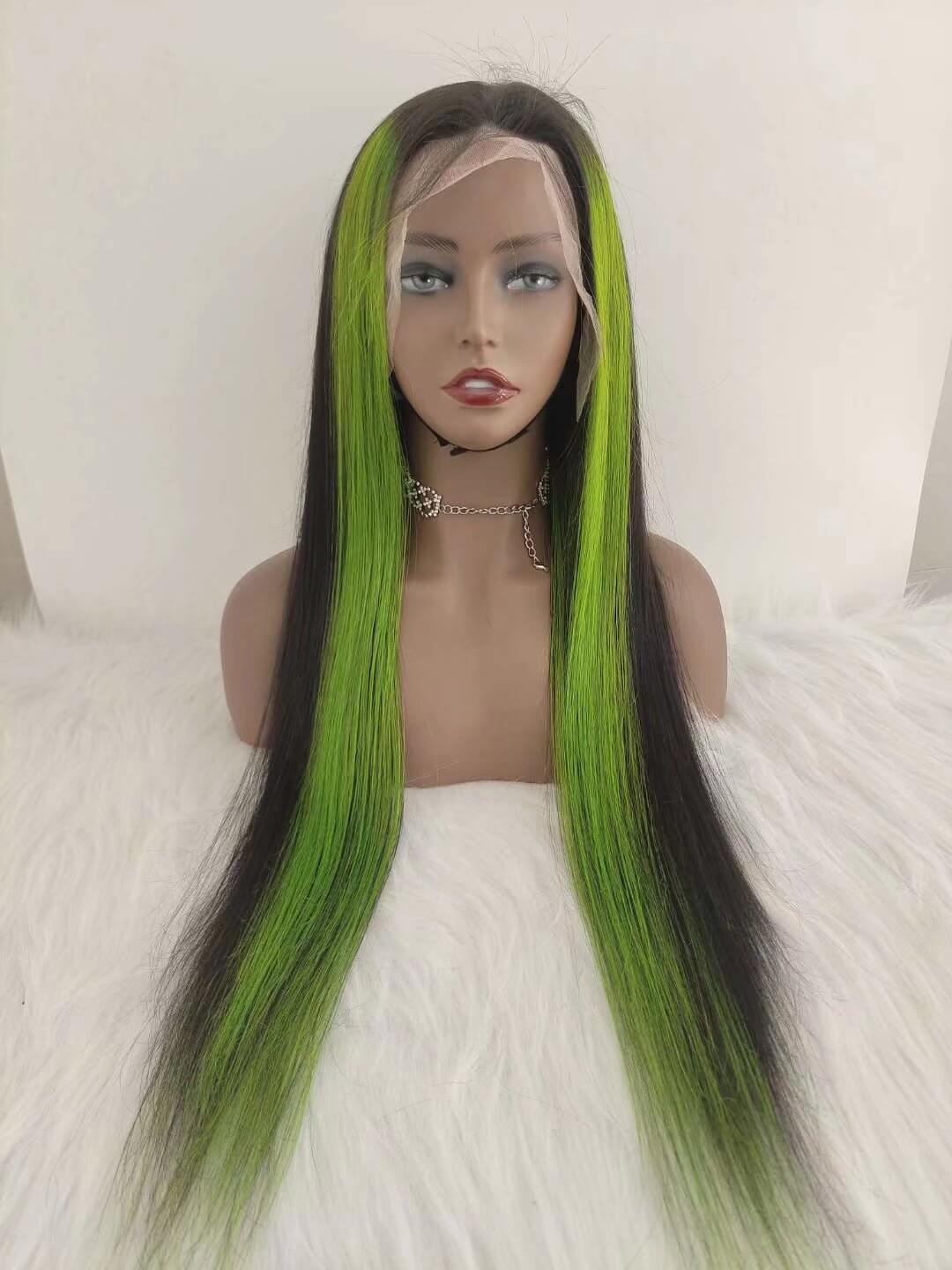 Green highlight Straight Human Hair Lace Wig Brazilian Hair for African American-1
