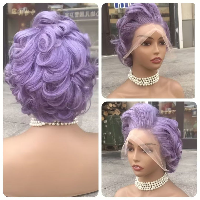 Purple Human Hair Pixie Cut Wig Lace Frontal 13x6 for African American