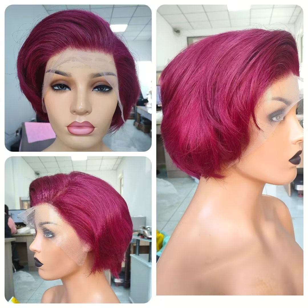 Burg Color Human Hair Bob Wig Lace Frontal 13x6 for African American-a