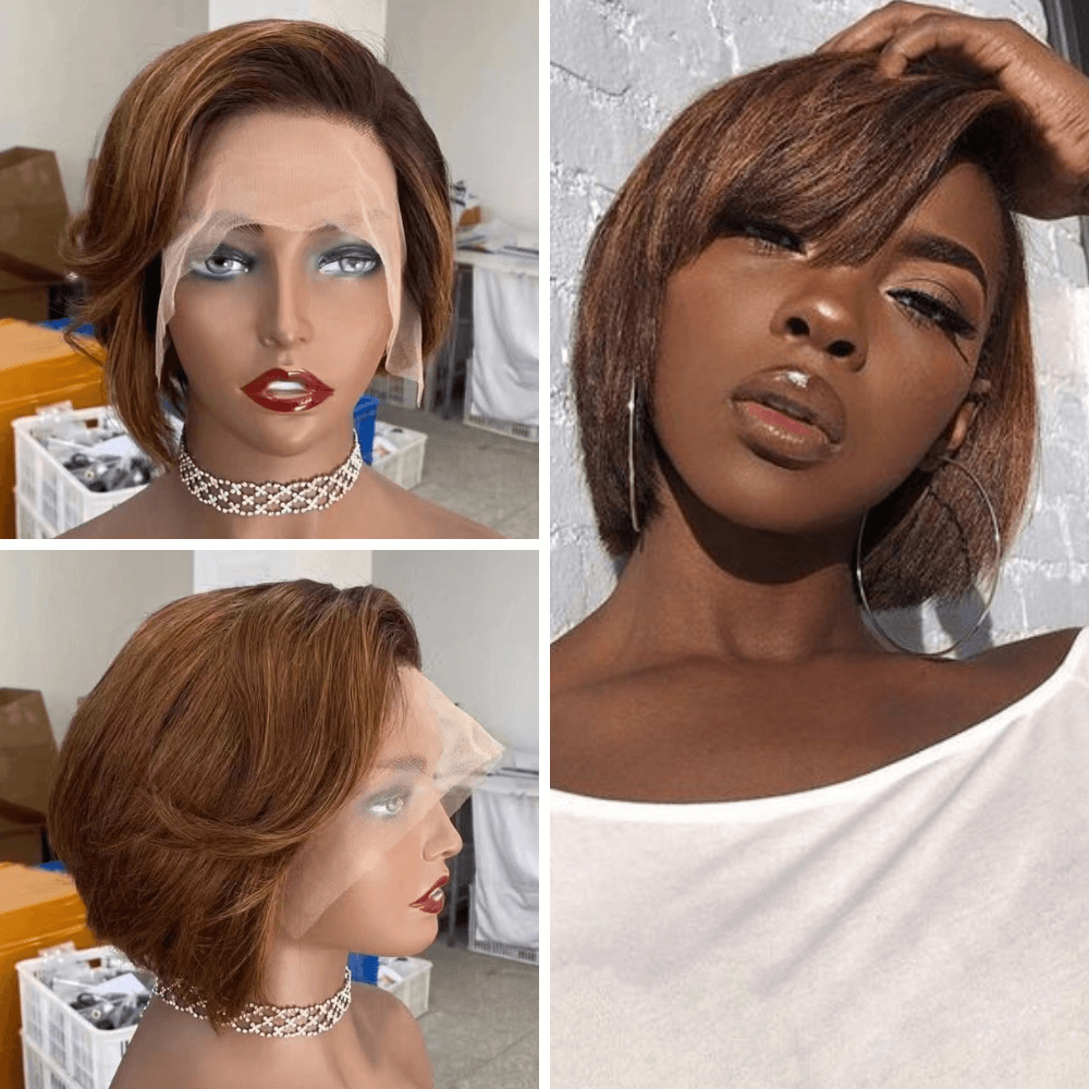 Brown Ombre Pixie Cut Wig with Side Bangs Human Hair for African American-main