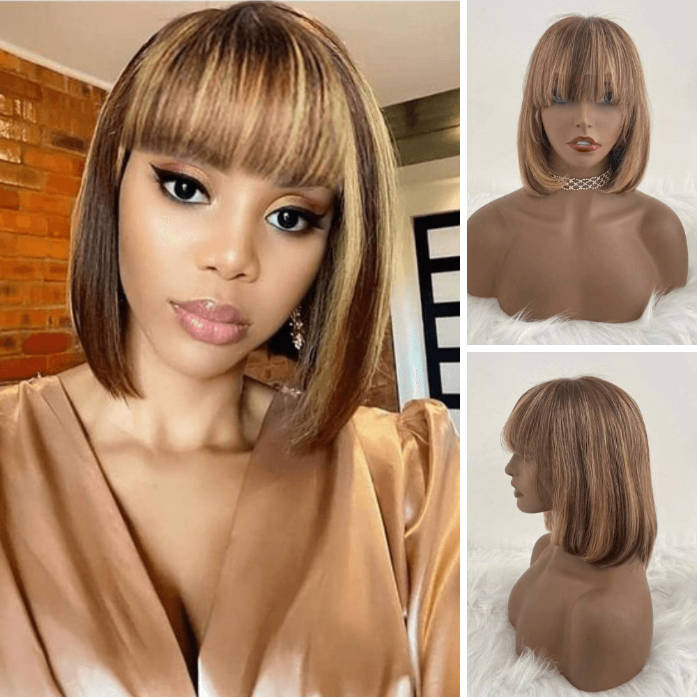 Short Brown Highlight Bob Wig with Bangs Human Hair Lace Frontal for African American