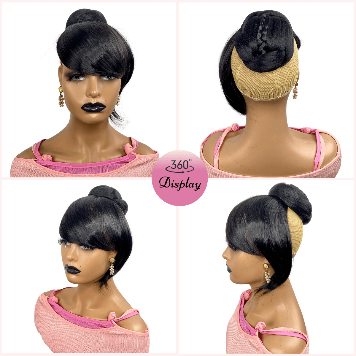 Bun with Bang Set 2pcs - Swoop Side Black Bangs with Twist Braided Bun