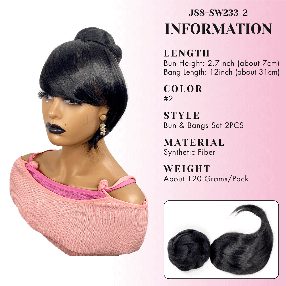 Bun with Bang Set 2pcs - Swoop Side Black Bangs with Twist Braided Bun