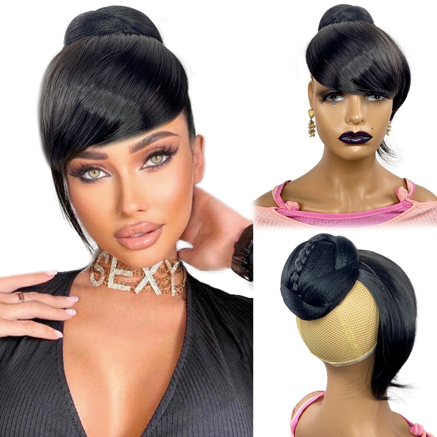 Bun with Bang Set 2pcs - Swoop Side Black Bangs with Twist Braided Bun