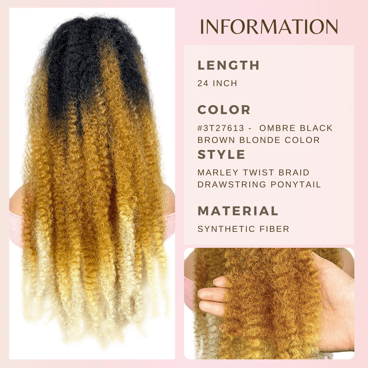 VAVANGA Marley Hair Drawstring Ponytail 24inch Synthetic Braiding Hair Afro Kinky Ponytail Black Brown Blonde Color Pony Tails Hairpiece for Black Women