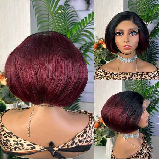 5x5 Pixie Bob Wig Human Hair 100% Glueless Lace Wig Ombre Color