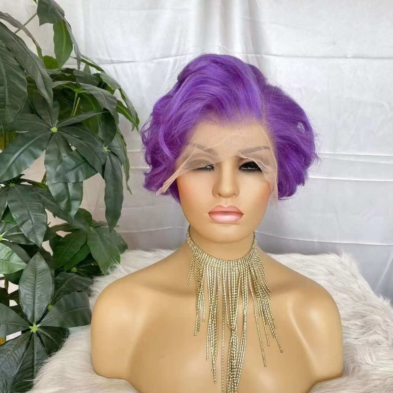 Purple Pixie Cut Lace Wig Human Hair 13x4 Lace Frontal Curly Wig for African American