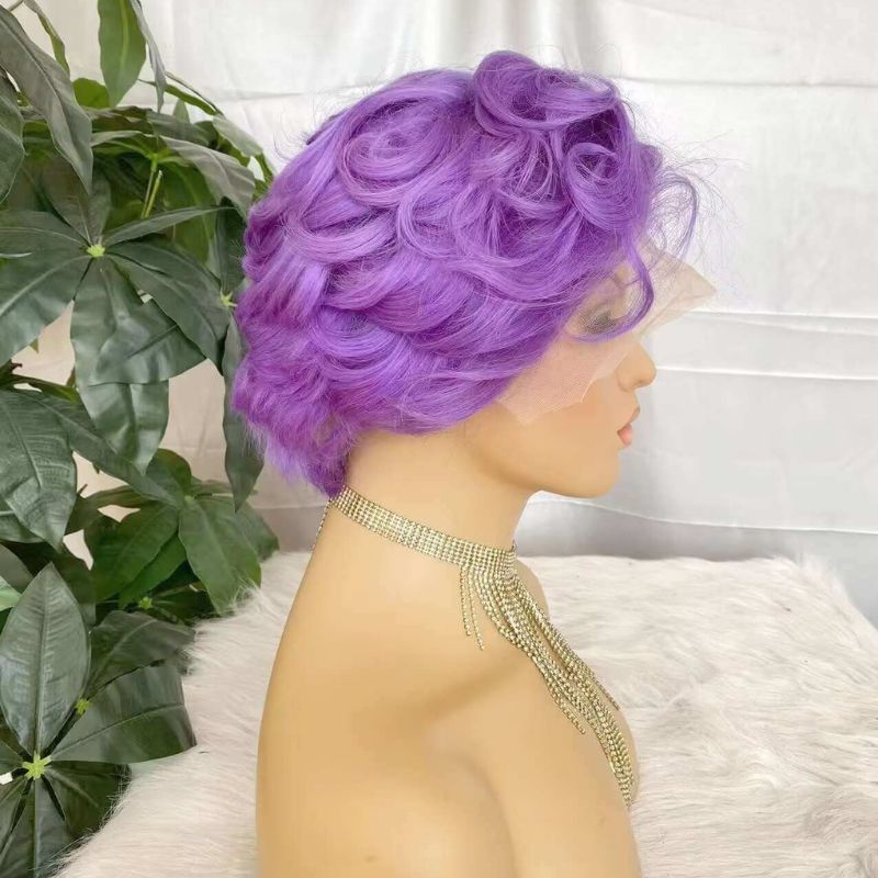 Purple Pixie Cut Lace Wig Human Hair 13x4 Lace Frontal Curly Wig for African American