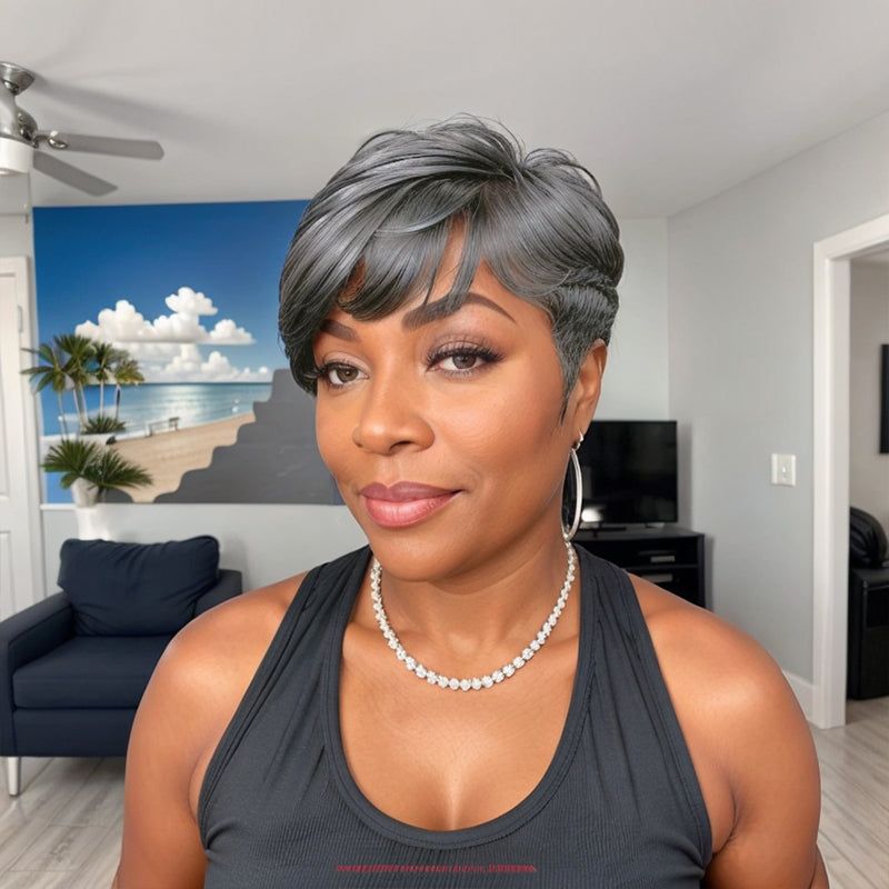 Salt and Pepper Glueless Wigs 100% Human Hair with Bangs for Black Women