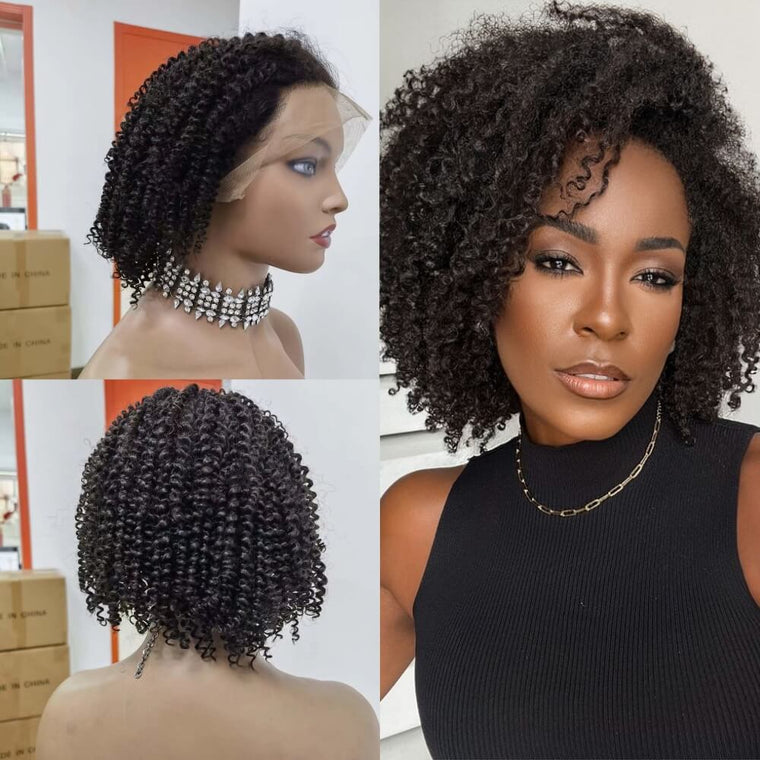 Short Kinky Curl Human Hair Lace Wig Black Color Curly for Women