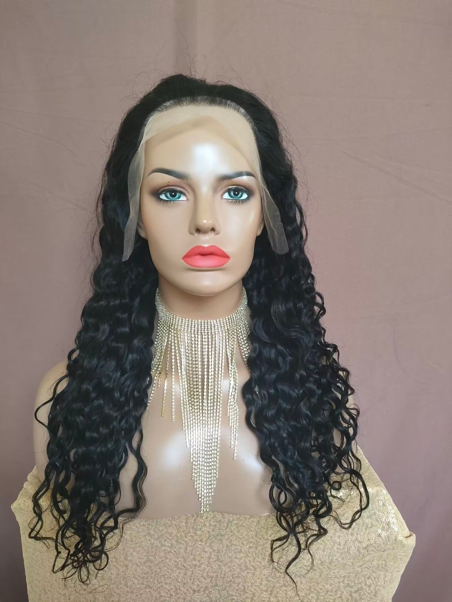 Water Wave Human Hair Lace Frontal Wig Black Color Free Part for Black Women