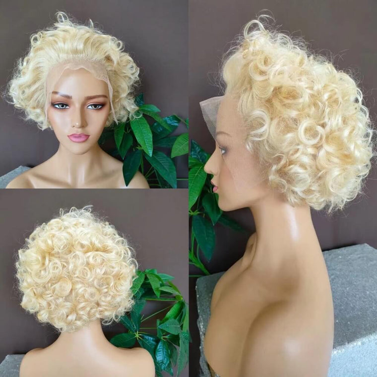 Blonde Curly Pixie Cut Lace Wig Short Human Hair Wig for Women