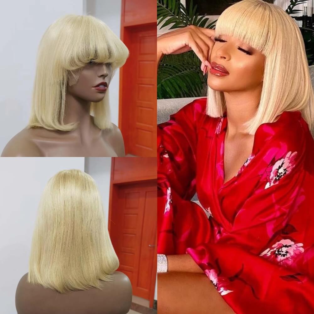 Short Blonde Human Hair Bob Wig with Bangs Lace Frontal for African American-1